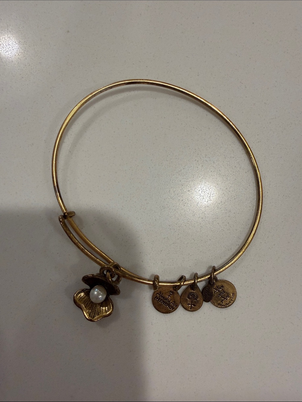 Alex and Ani Gold Tone Clam Charm Bangle with Pearl Accent